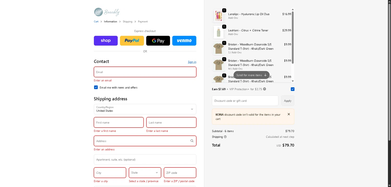 Beachly promo code screenshot showing code KONA applied at Beachly checkout page. Uploaded by SimplyCodes community member VictoriousFinder4393 on Jan 29, 2026