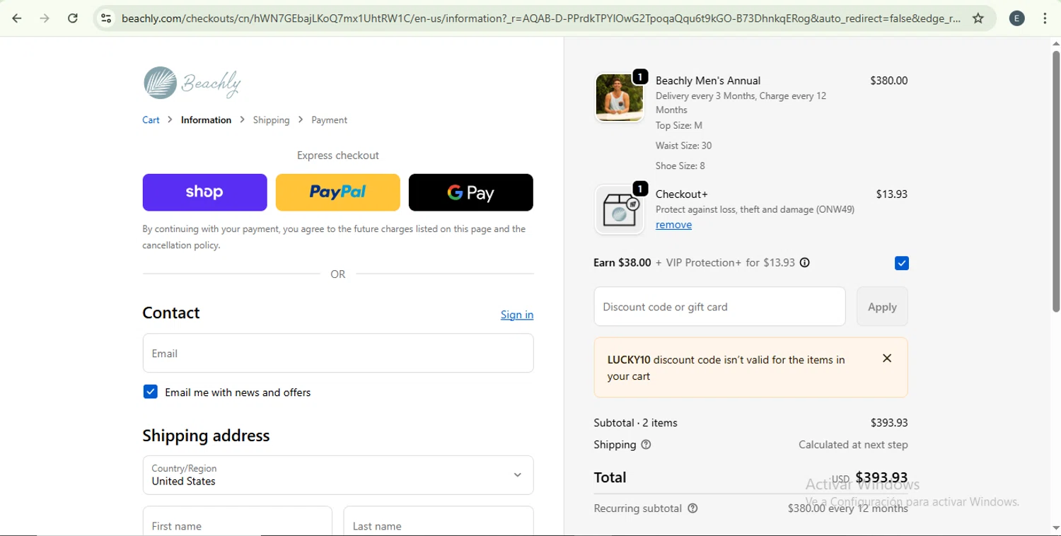 Beachly promo code screenshot showing code LUCKY10 applied at Beachly checkout page. Uploaded by SimplyCodes community member SilverKnight4465 on Jan 5, 2026