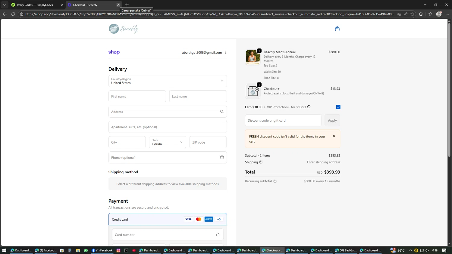 Beachly promo code screenshot showing code FRESH applied at Beachly checkout page. Uploaded by SimplyCodes community member AVAMUSTANG on Feb 16, 2026