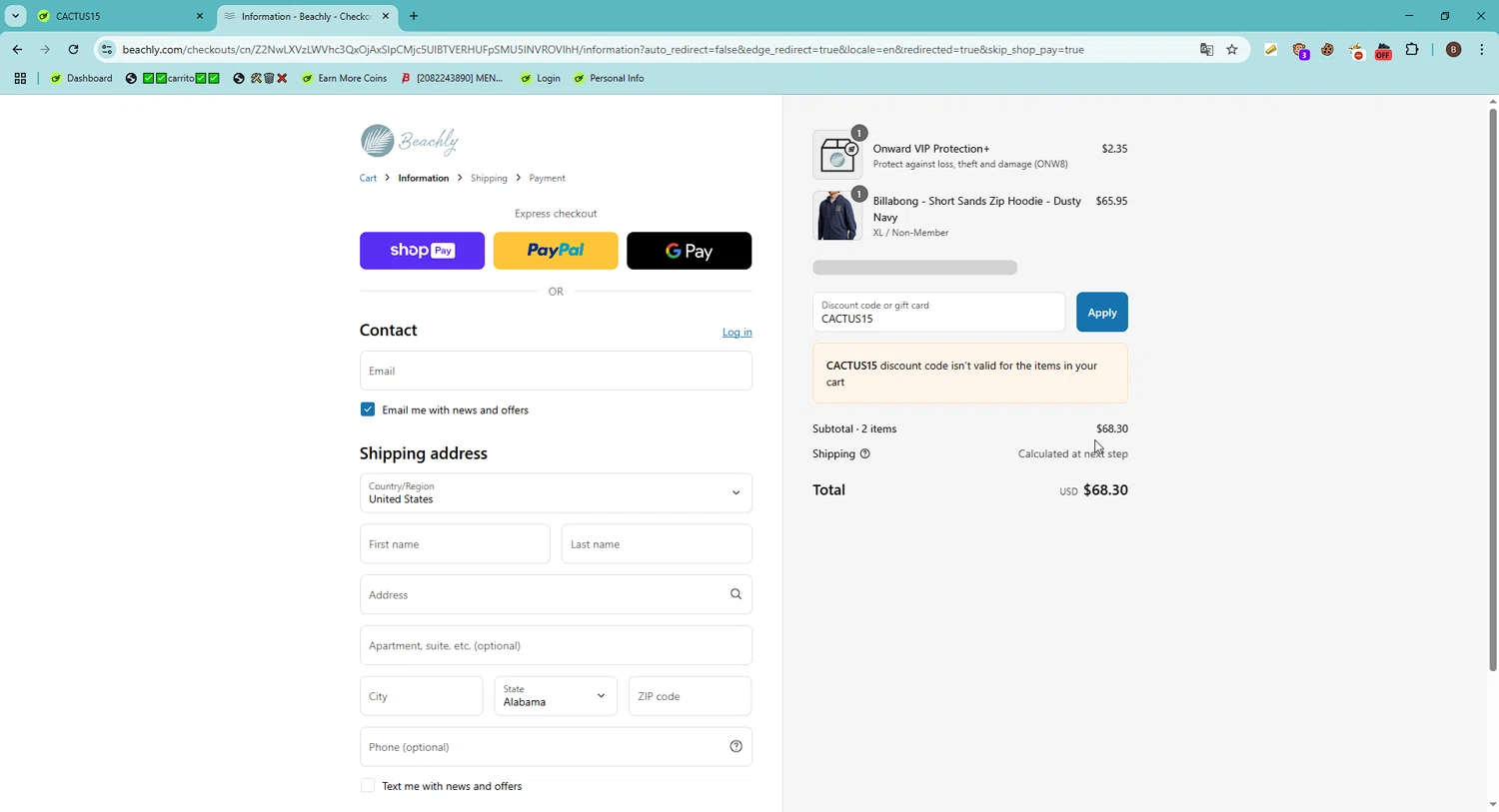 Beachly promo code screenshot showing code CACTUS15 applied at Beachly checkout page. Uploaded by SimplyCodes community member FrugalShopper1585 on Jul 4, 2025