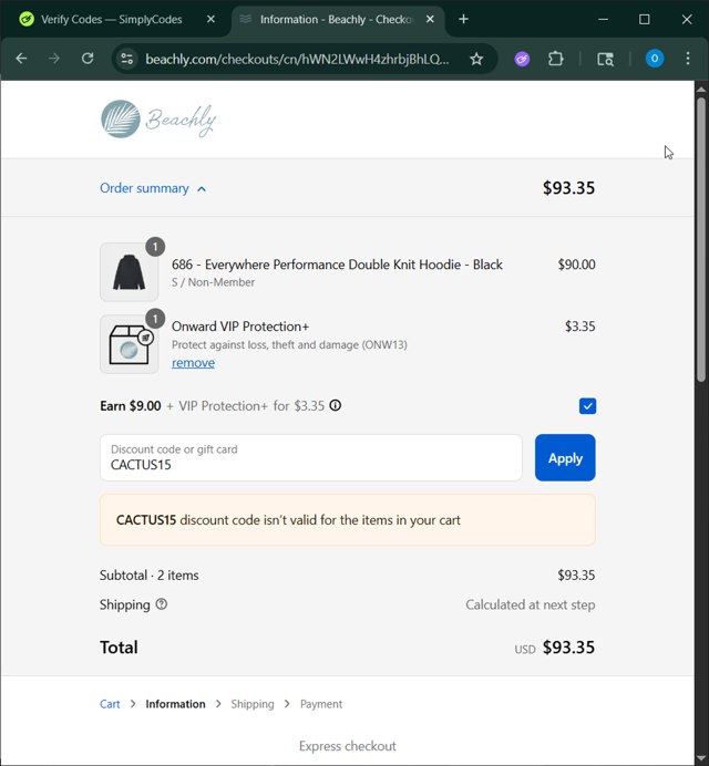 Beachly checkout page showing Beachly promo code box | Screenshot taken by SimplyCodes community member on Aug 29, 2025