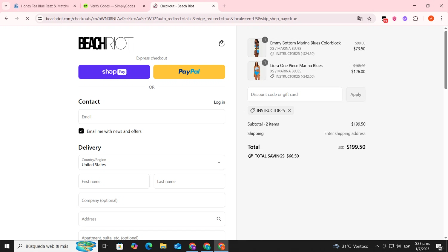 Beach Riot promo code screenshot showing code instructor25 applied at Beach Riot checkout page. Uploaded by SimplyCodes community member FrugalSentinel6206 on Jul 1, 2025