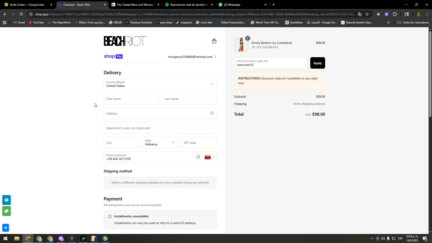 Beach Riot promo code screenshot showing code instructor25 applied at Beach Riot checkout page. Uploaded by SimplyCodes community member nomoney on Aug 15, 2025