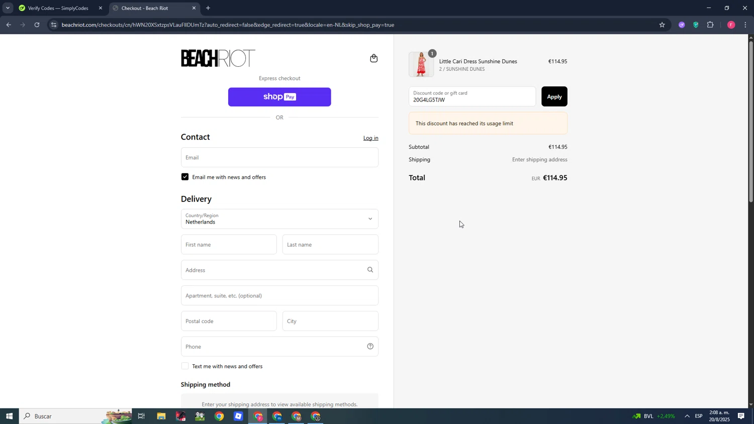 Beach Riot promo code screenshot showing code 20G4LG5TJW applied at Beach Riot checkout page. Uploaded by SimplyCodes community member CleverMonarch1744 on Aug 20, 2025