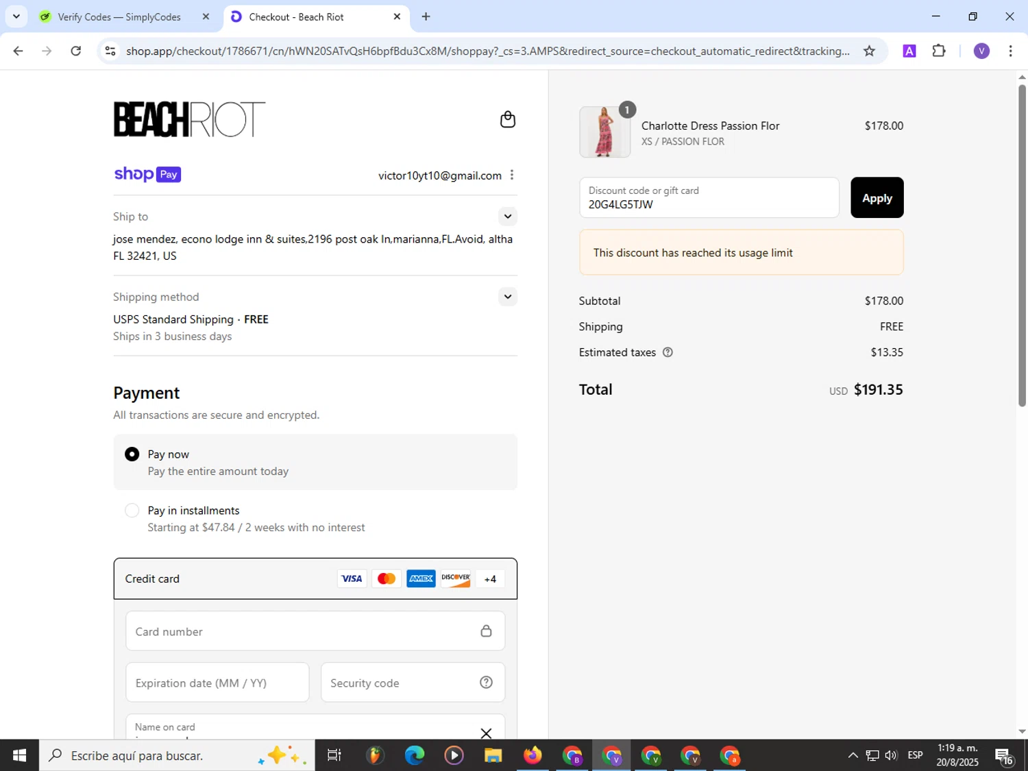 Beach Riot promo code screenshot showing code 20G4LG5TJW applied at Beach Riot checkout page. Uploaded by SimplyCodes community member Satoru_gojo on Aug 20, 2025