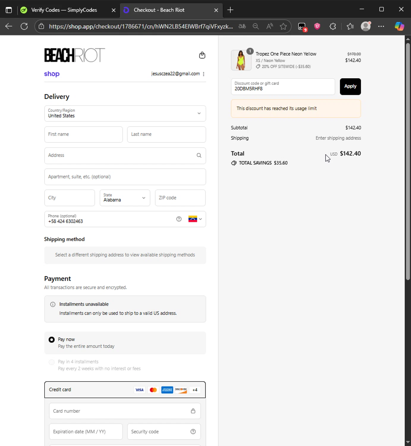 Beach Riot promo code screenshot showing code 20DBM5RHF8 applied at Beach Riot checkout page. Uploaded by SimplyCodes community member CleverAce742 on Aug 29, 2025