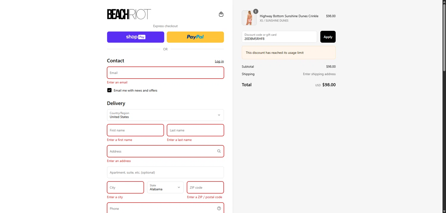 Beach Riot promo code screenshot showing code 20DBM5RHF8 applied at Beach Riot checkout page. Uploaded by SimplyCodes community member TokenCollector1268 on Aug 24, 2025