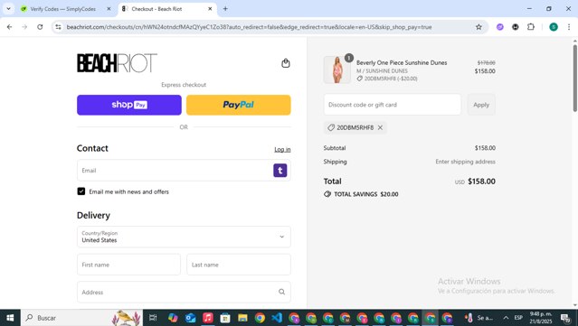 Beach Riot checkout page showing Beach Riot promo code box | Screenshot taken by SimplyCodes community member on Aug 22, 2025