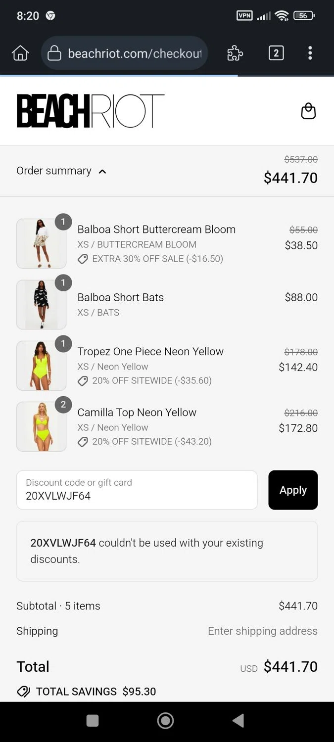 Beach Riot promo code screenshot showing code 20XVLWJF64 applied at Beach Riot checkout page. Uploaded by SimplyCodes community member ExtraordinaryMaestro4194 on Aug 30, 2025