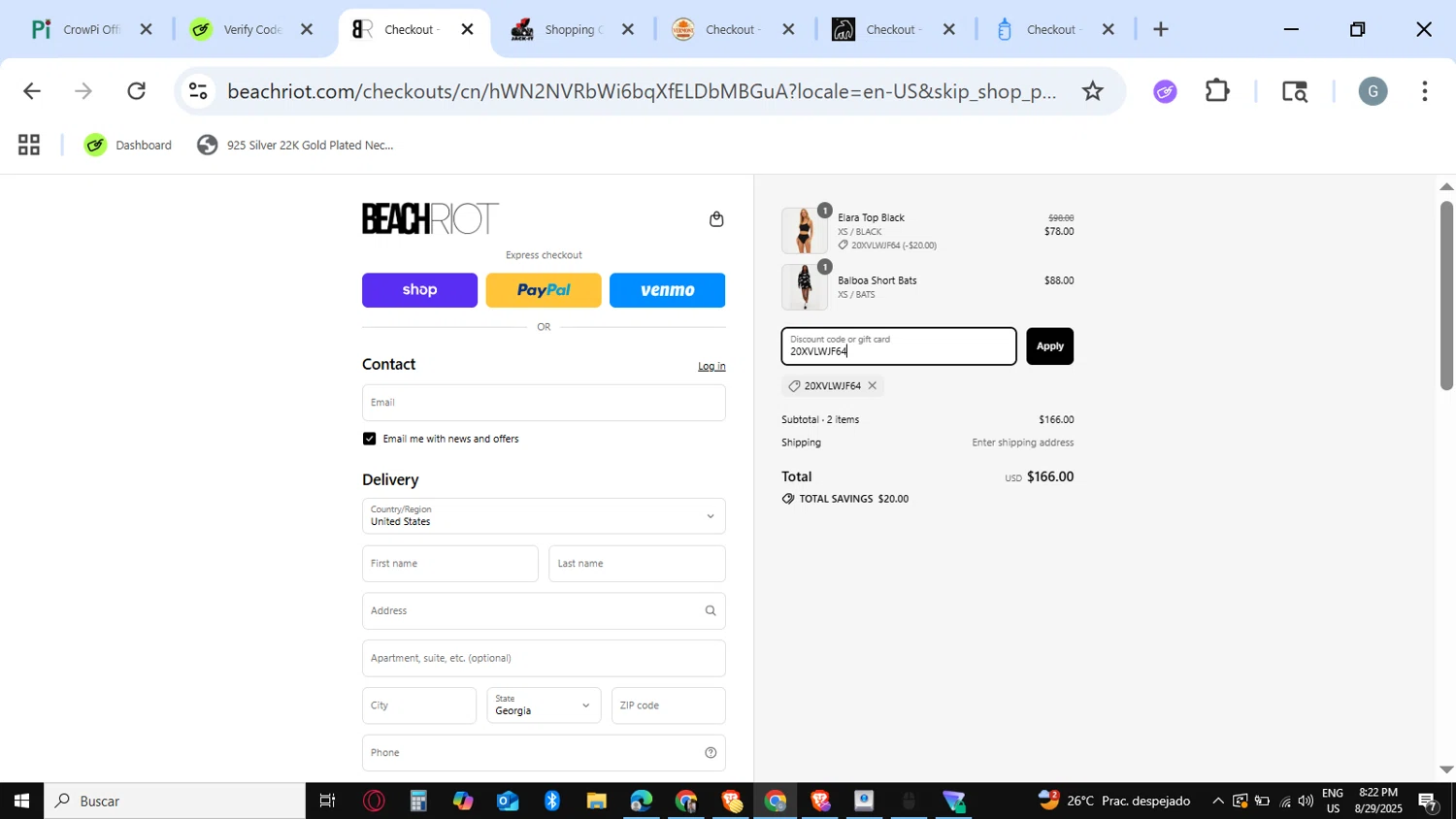 Beach Riot promo code screenshot showing code 20XVLWJF64 applied at Beach Riot checkout page. Uploaded by SimplyCodes community member guest_623525963 on Aug 30, 2025