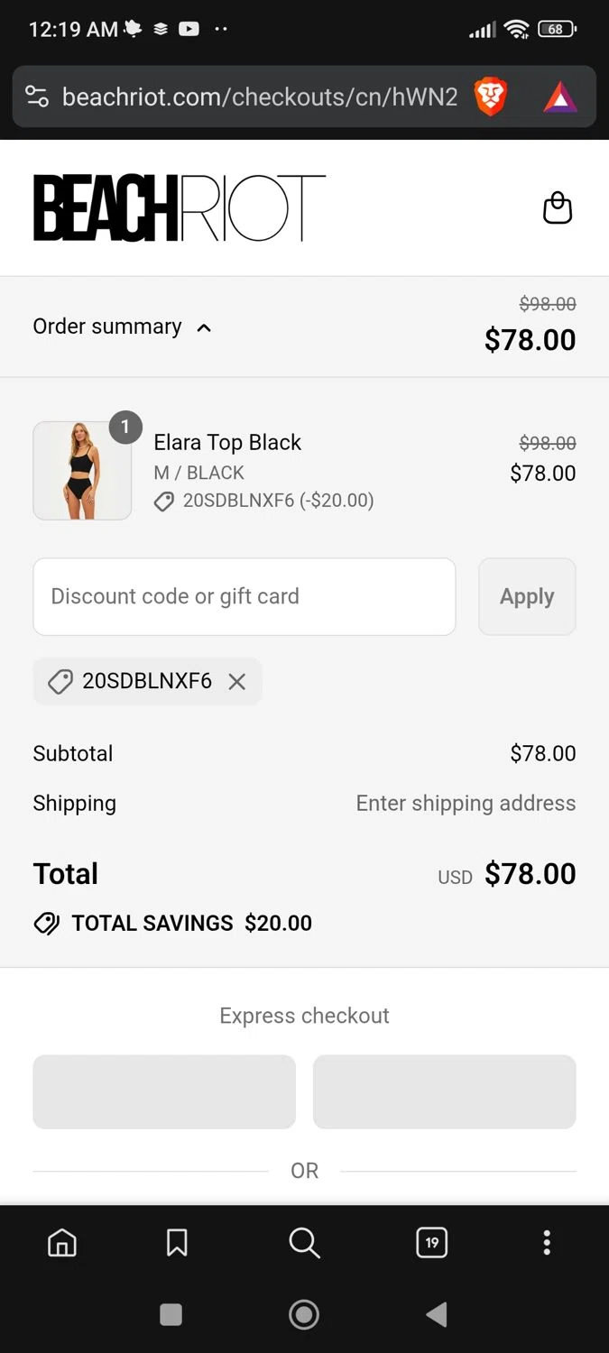 Beach Riot promo code screenshot showing code 20SDBLNXF6 applied at Beach Riot checkout page. Uploaded by SimplyCodes community member josegarcia6 on Aug 29, 2025