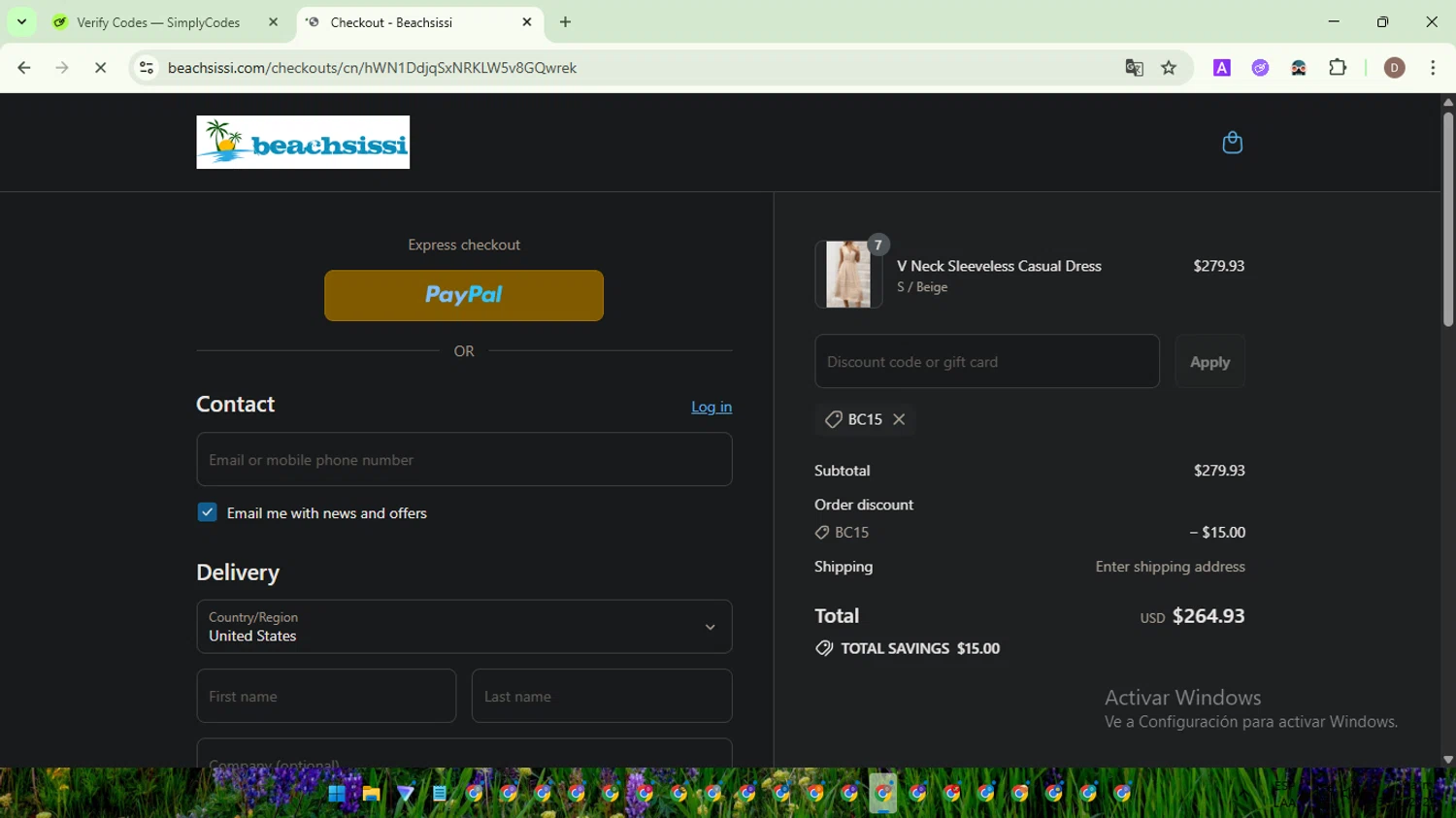 Beachsissi coupon code screenshot showing code BC15 applied at Beachsissi checkout page. Uploaded by SimplyCodes community member NobleWarden6764 on Jul 30, 2025