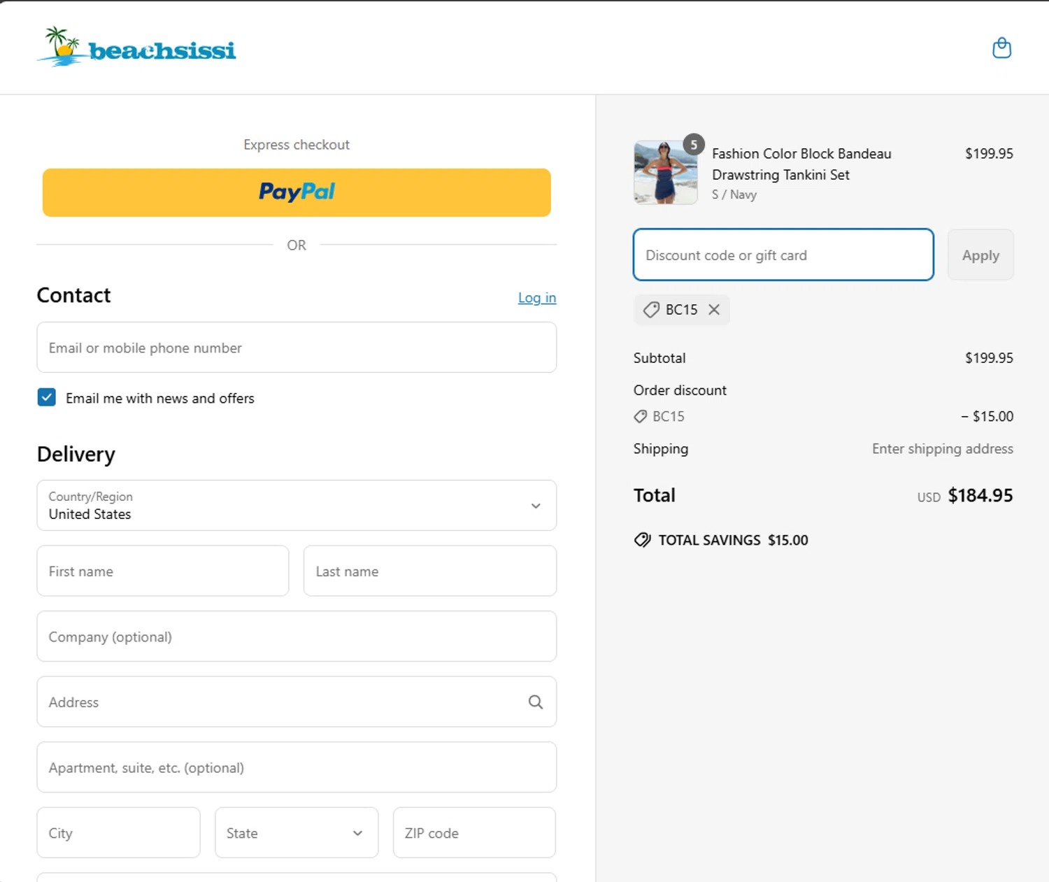 Beachsissi coupon code screenshot showing code BC15 applied at Beachsissi checkout page. Uploaded by SimplyCodes community member PAND1T44 on Mar 31, 2025