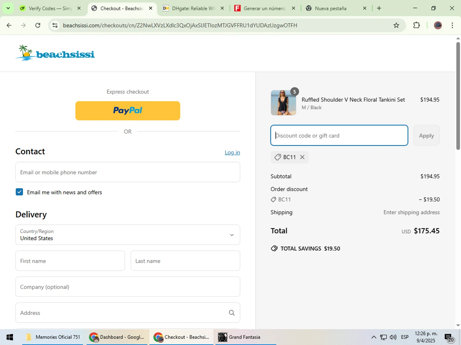 Beachsissi coupon code screenshot showing code BC11 applied at Beachsissi checkout page. Uploaded by SimplyCodes community member Rowan18 on Apr 9, 2025
