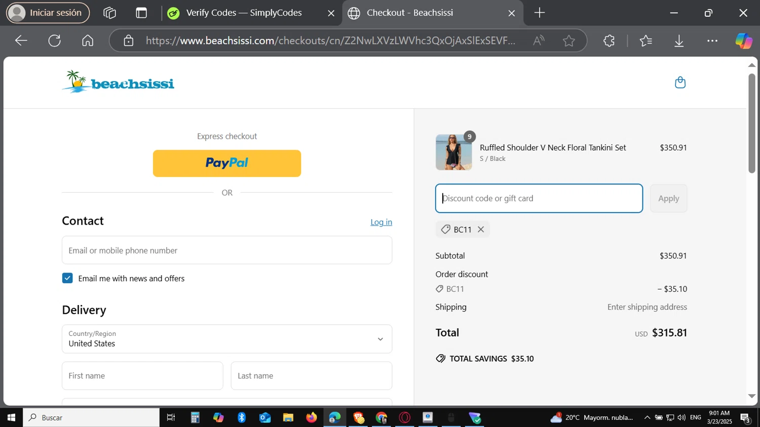 Beachsissi coupon code screenshot showing code BC11 applied at Beachsissi checkout page. Uploaded by SimplyCodes community member GoldFinder6454 on Mar 23, 2025