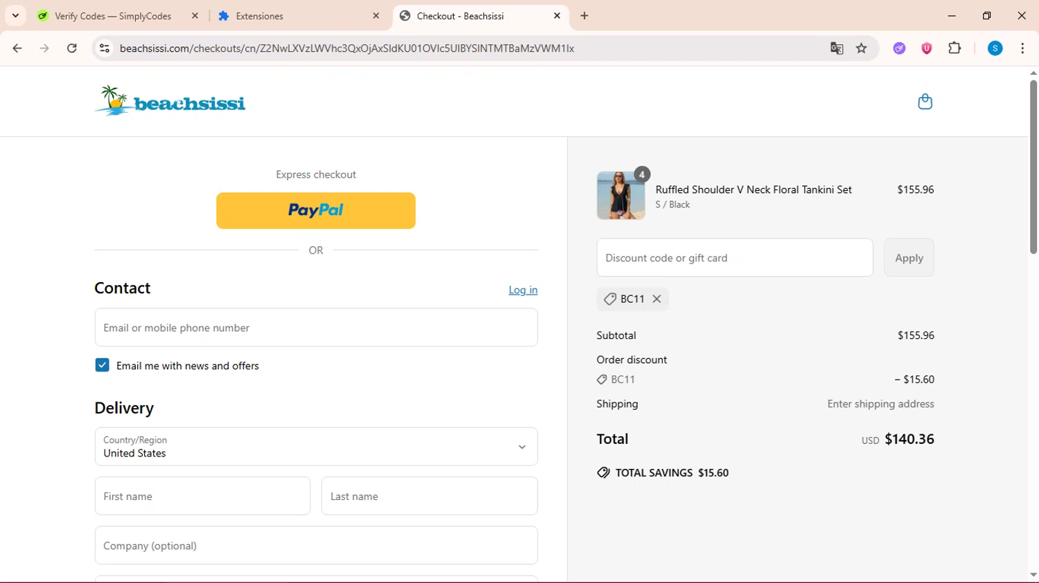 Beachsissi coupon code screenshot showing code BC11 applied at Beachsissi checkout page. Uploaded by SimplyCodes community member uleesesv on May 31, 2025
