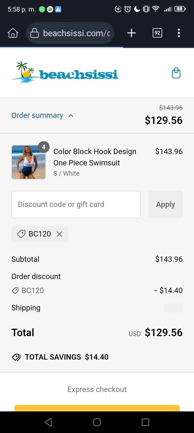 Beachsissi coupon code screenshot showing code BC120 applied at Beachsissi checkout page. Uploaded by SimplyCodes community member Narutooooo on Jan 26, 2025