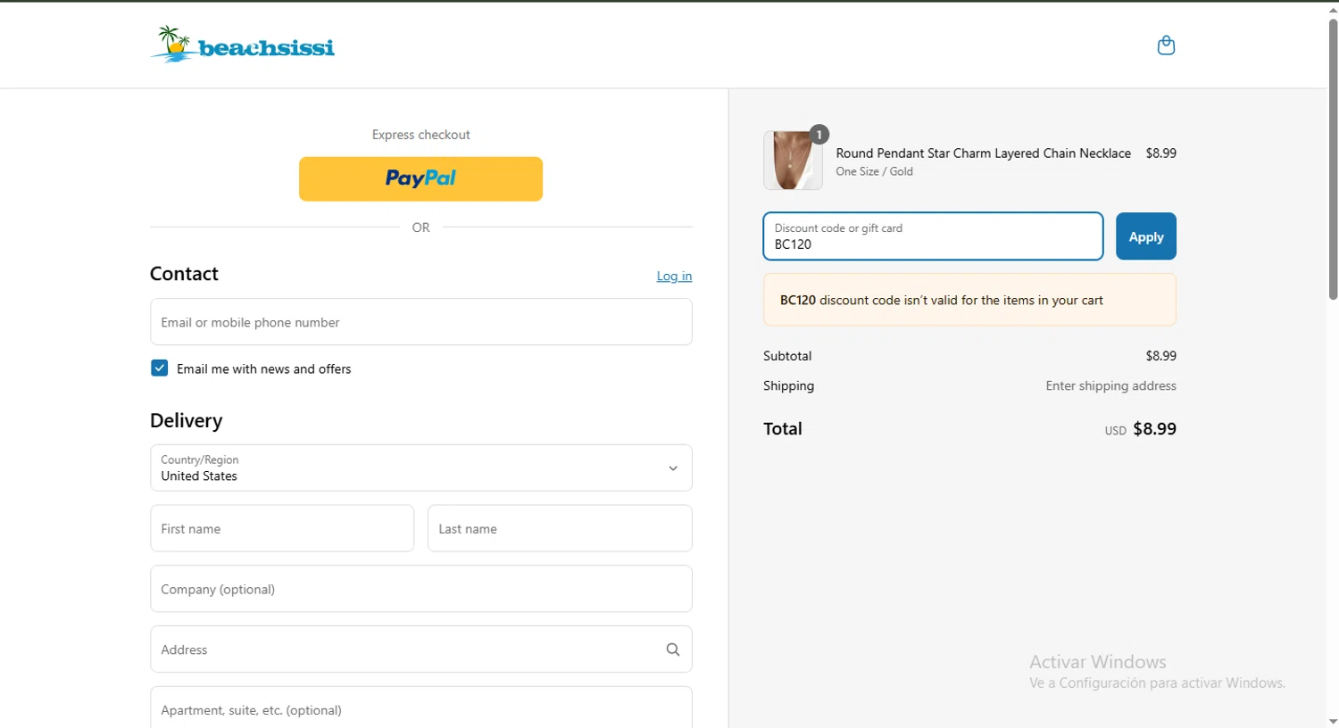 Beachsissi coupon code screenshot showing code BC120 applied at Beachsissi checkout page. Uploaded by SimplyCodes community member davisams on Mar 23, 2025