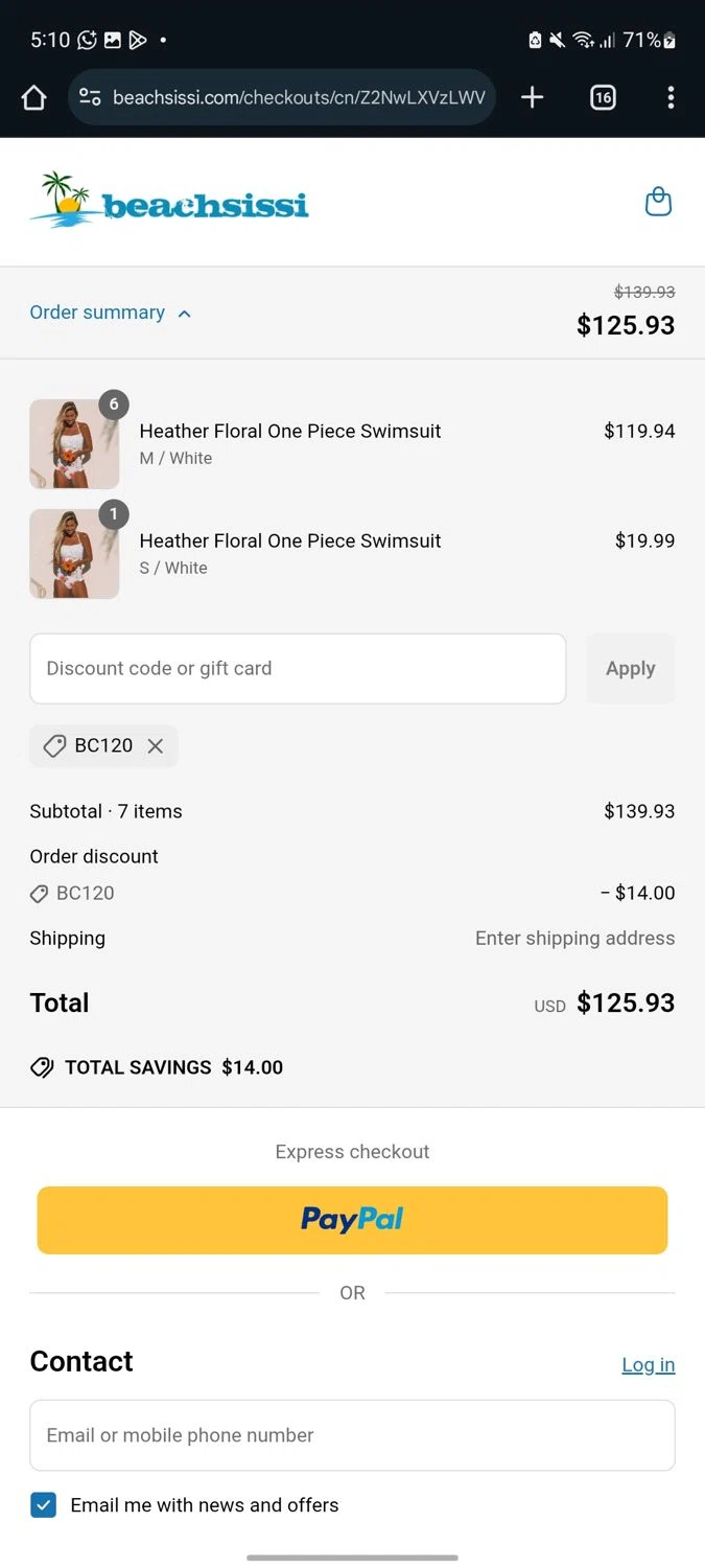 Beachsissi coupon code screenshot showing code BC120 applied at Beachsissi checkout page. Uploaded by SimplyCodes community member neurioandrades on May 31, 2025