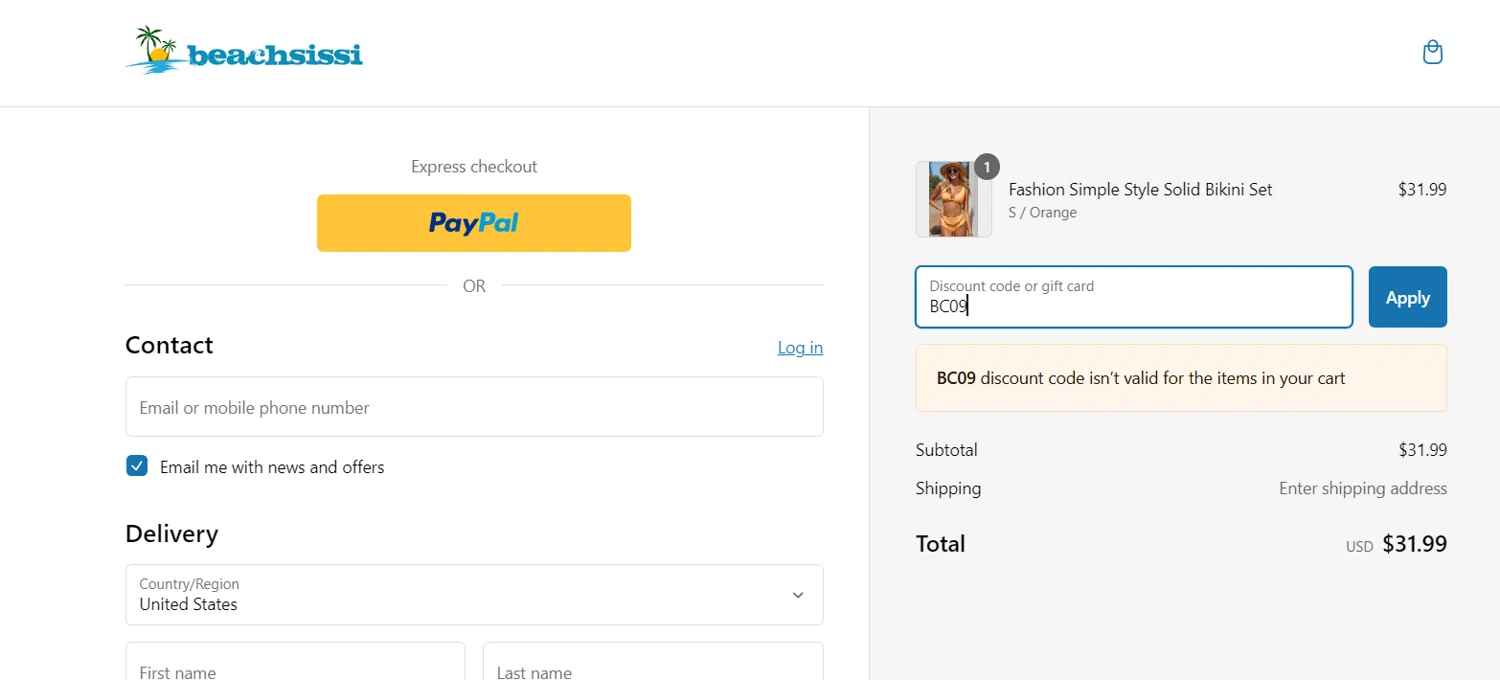 Beachsissi coupon code screenshot showing code BC09 applied at Beachsissi checkout page. Uploaded by SimplyCodes community member Sanemi on Mar 4, 2025