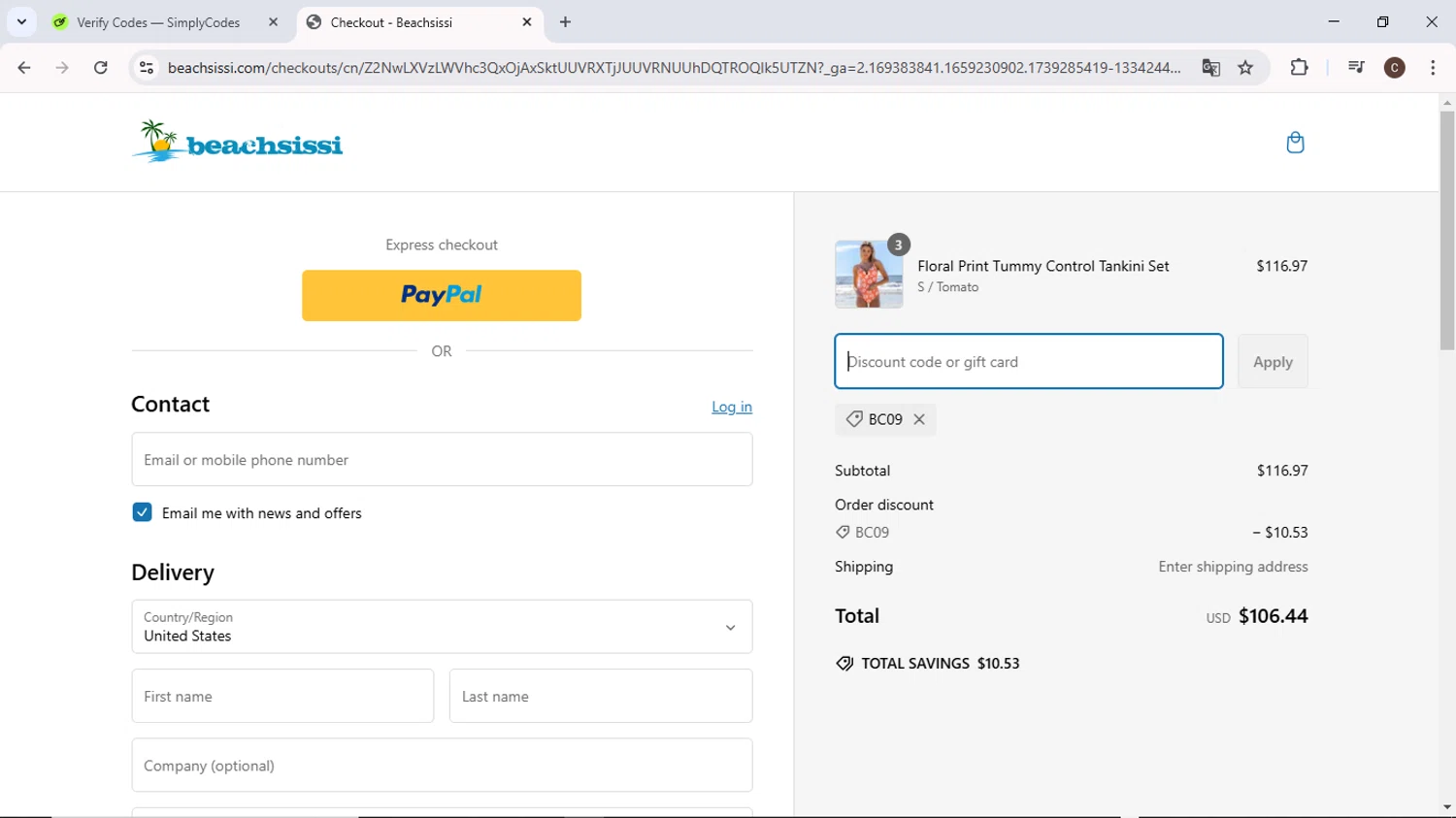 Beachsissi coupon code screenshot showing code BC09 applied at Beachsissi checkout page. Uploaded by SimplyCodes community member MoneyPilot9634 on Feb 11, 2025