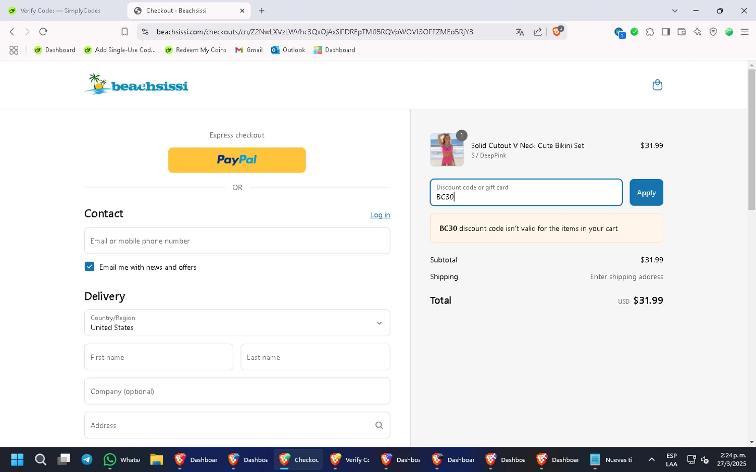 Beachsissi coupon code screenshot showing code BC30 applied at Beachsissi checkout page. Uploaded by SimplyCodes community member PennyMonarch4540 on Mar 27, 2025