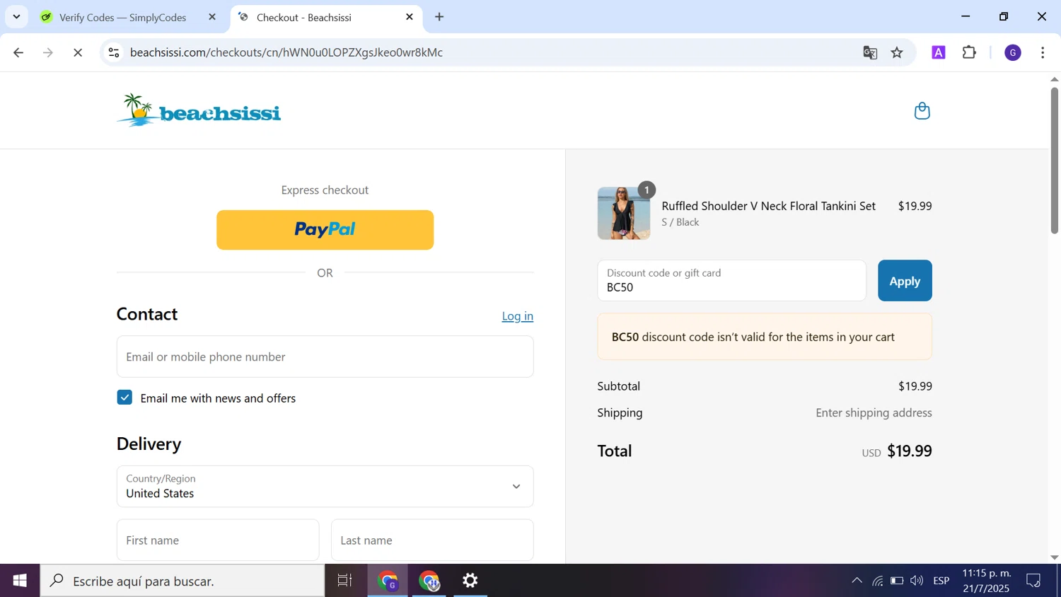 Beachsissi coupon code screenshot showing code BC50 applied at Beachsissi checkout page. Uploaded by SimplyCodes community member LegendaryHunter5016 on Jul 22, 2025