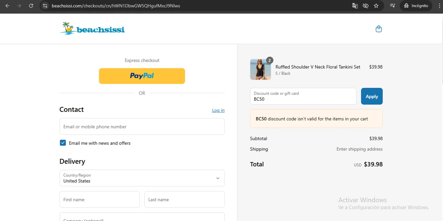 Beachsissi coupon code screenshot showing code BC50 applied at Beachsissi checkout page. Uploaded by SimplyCodes community member UchihaMadara on Jul 30, 2025