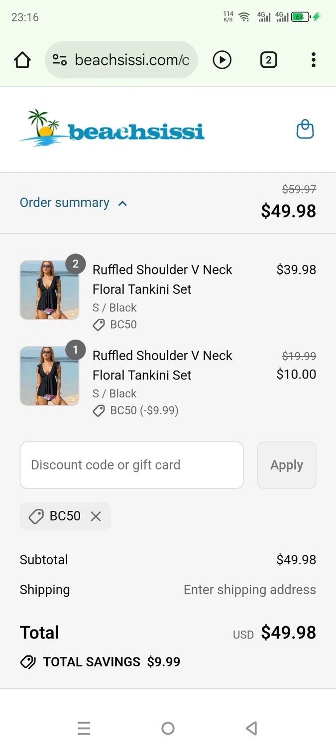 Beachsissi coupon code screenshot showing code BC50 applied at Beachsissi checkout page. Uploaded by SimplyCodes community member rafaelmarquez on Jul 22, 2025