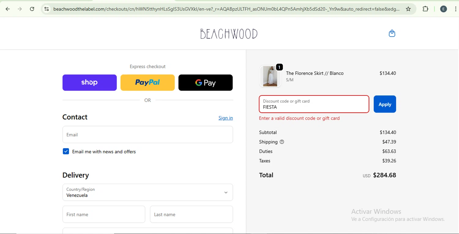 Beachwood Baby discount code screenshot showing code FIESTA applied at Beachwood Baby checkout page. Uploaded by SimplyCodes community member SilverKnight4465 on Nov 30, 2025