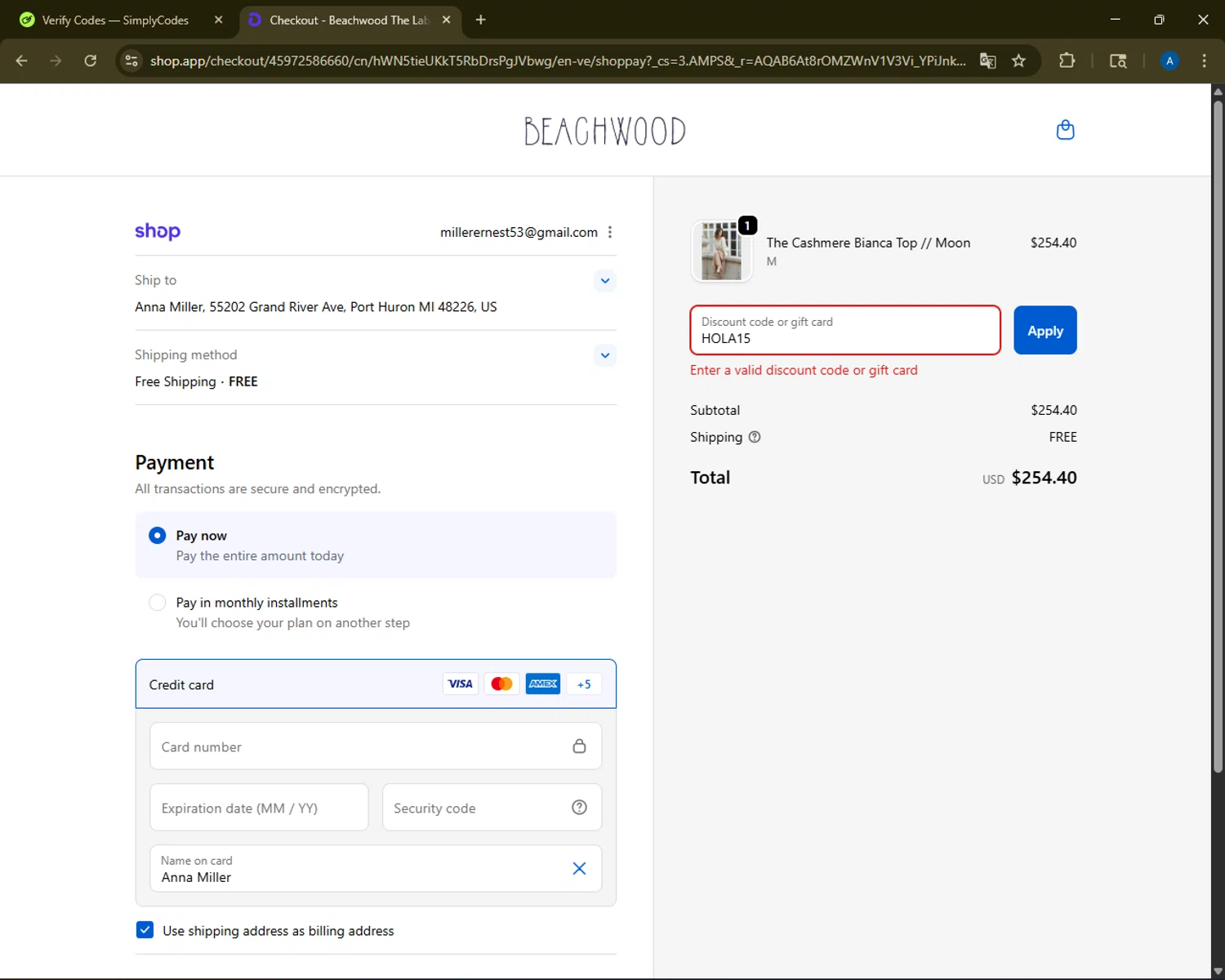 Beachwood Baby discount code screenshot showing code HOLA15 applied at Beachwood Baby checkout page. Uploaded by SimplyCodes community member ShrewdMaestro6940 on Nov 30, 2025