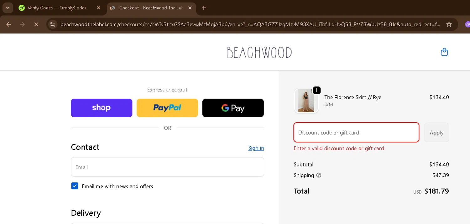 Beachwood Baby discount code screenshot showing code SIESTA15 applied at Beachwood Baby checkout page. Uploaded by SimplyCodes community member CoinSage1043 on Nov 30, 2025