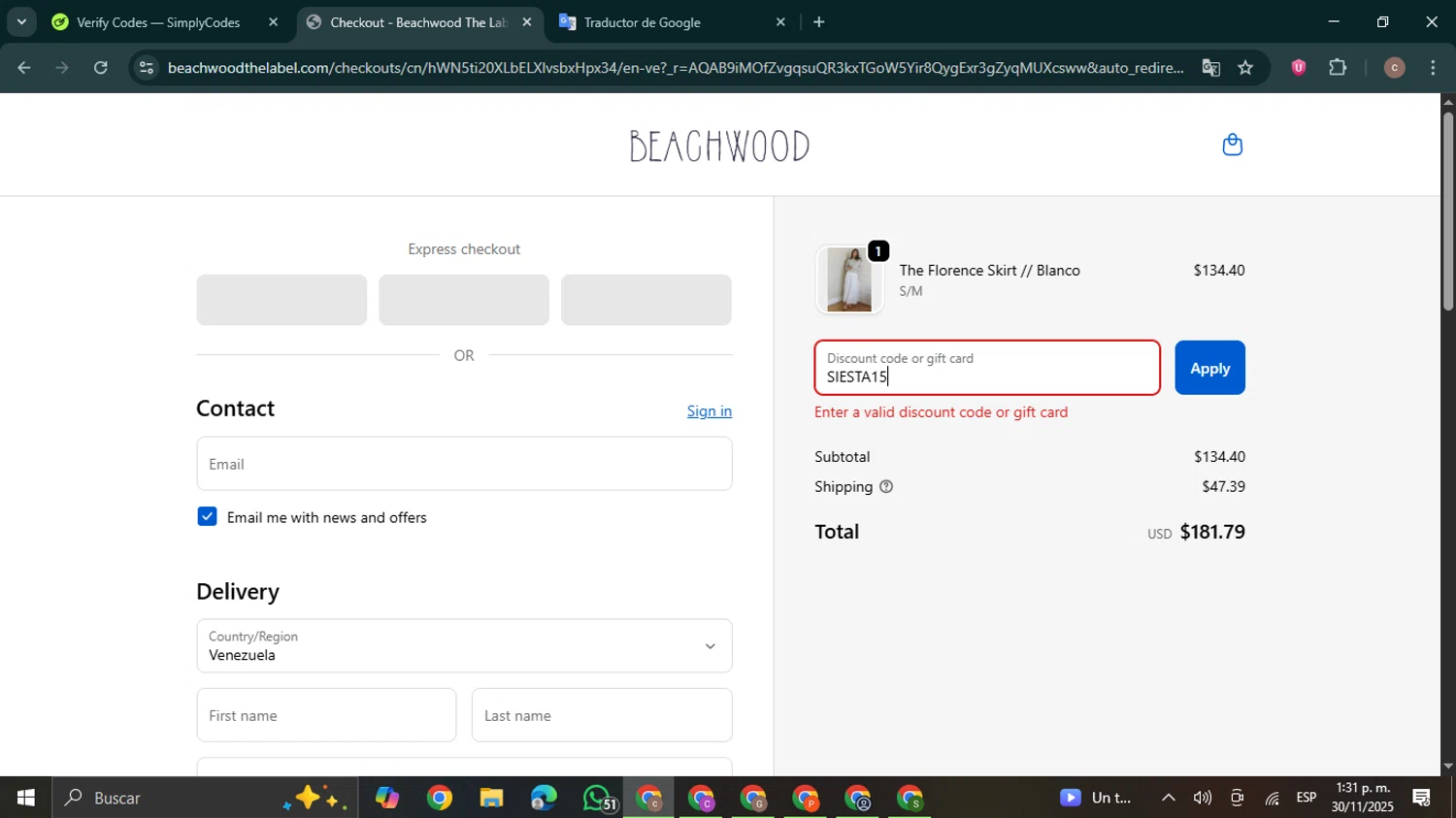 Beachwood Baby discount code screenshot showing code SIESTA15 applied at Beachwood Baby checkout page. Uploaded by SimplyCodes community member NobleExpert6497 on Nov 30, 2025