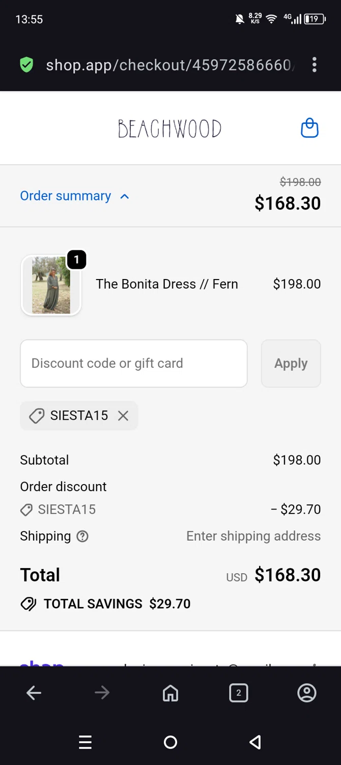 Beachwood Baby discount code screenshot showing code Siesta15 applied at Beachwood Baby checkout page. Uploaded by SimplyCodes community member Olivatle37 on Jan 5, 2026