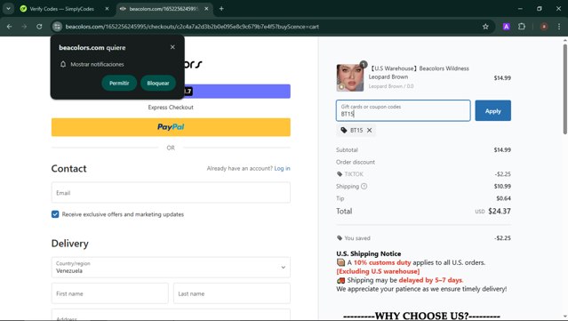 Beacolors checkout page showing Beacolors coupon code box | Screenshot taken by SimplyCodes community member on Jun 3, 2025