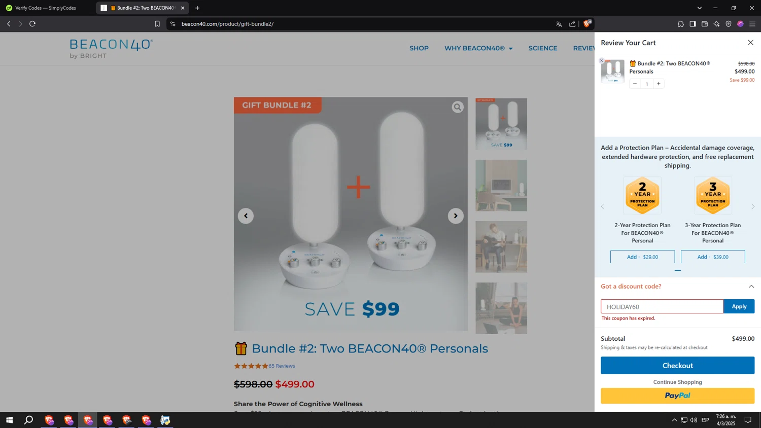 BEACON40 promo code screenshot showing code HOLIDAY60 applied at BEACON40 checkout page. Uploaded by SimplyCodes community member Imancuponi on Mar 4, 2025
