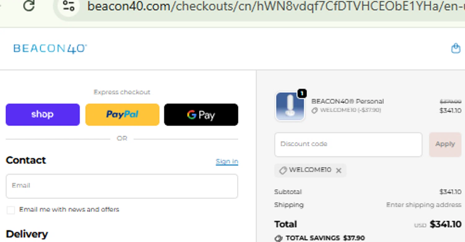 BEACON40 checkout page showing BEACON40 promo code box | Screenshot taken by SimplyCodes community member on Feb 18, 2026