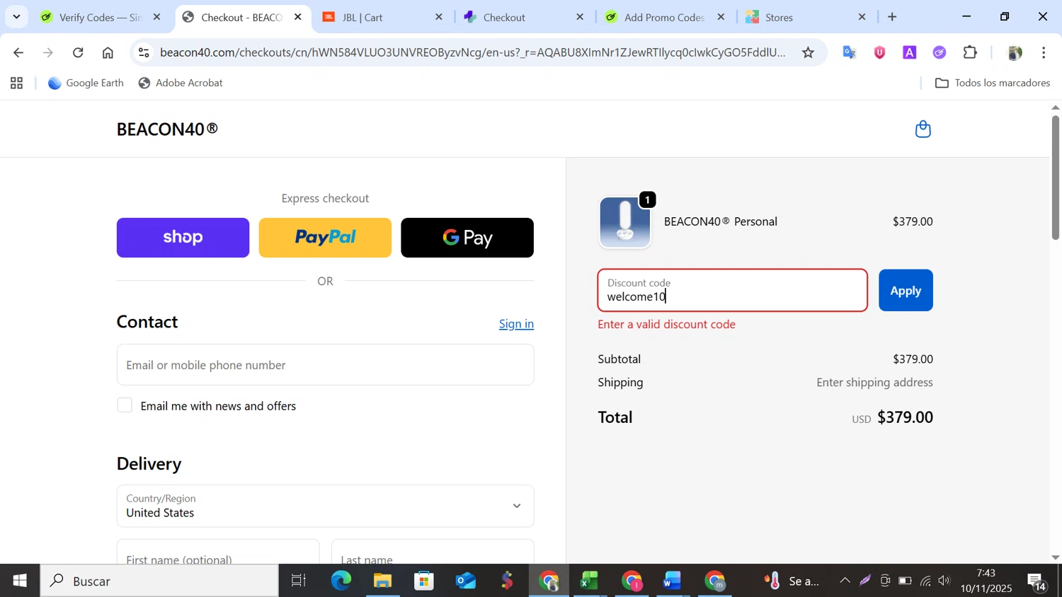BEACON40 promo code screenshot showing code welcome10 applied at BEACON40 checkout page. Uploaded by SimplyCodes community member NobleMonarch5837 on Nov 10, 2025