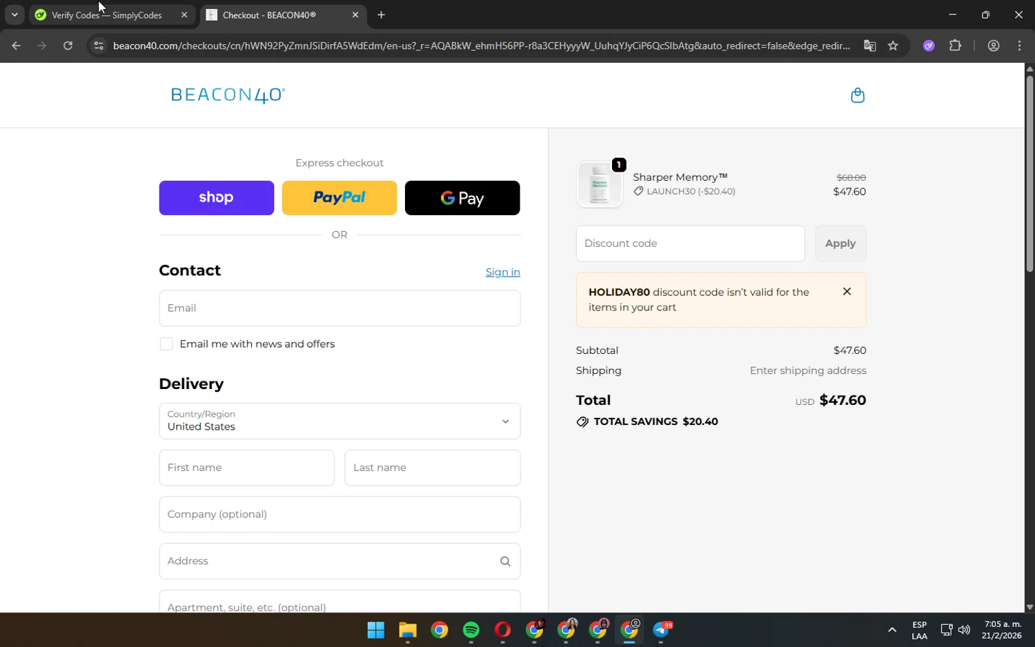 BEACON40 checkout page showing BEACON40 promo code box | Screenshot taken by SimplyCodes community member on Feb 21, 2026