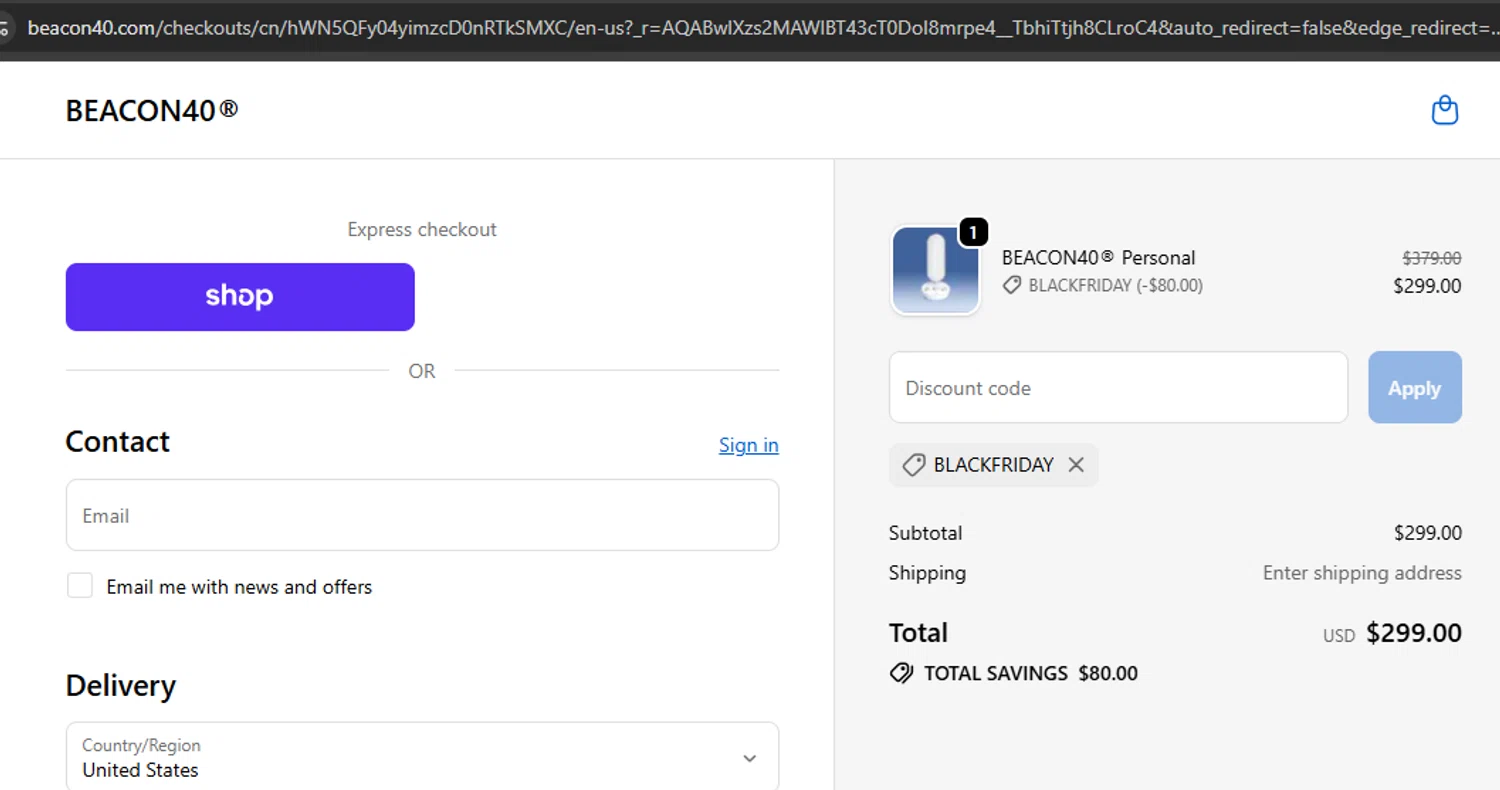 BEACON40 promo code screenshot showing code BLACKFRIDAY applied at BEACON40 checkout page. Uploaded by SimplyCodes community member argenygalvez on Nov 18, 2025