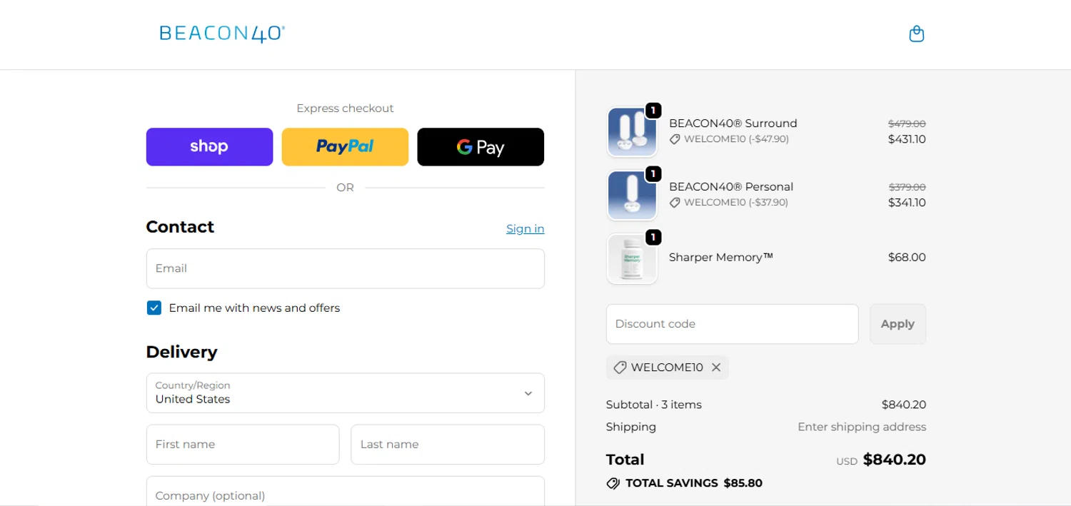 BEACON40 promo code screenshot showing code WELCOME10 applied at BEACON40 checkout page. Uploaded by SimplyCodes community member juanisaac on Feb 4, 2026