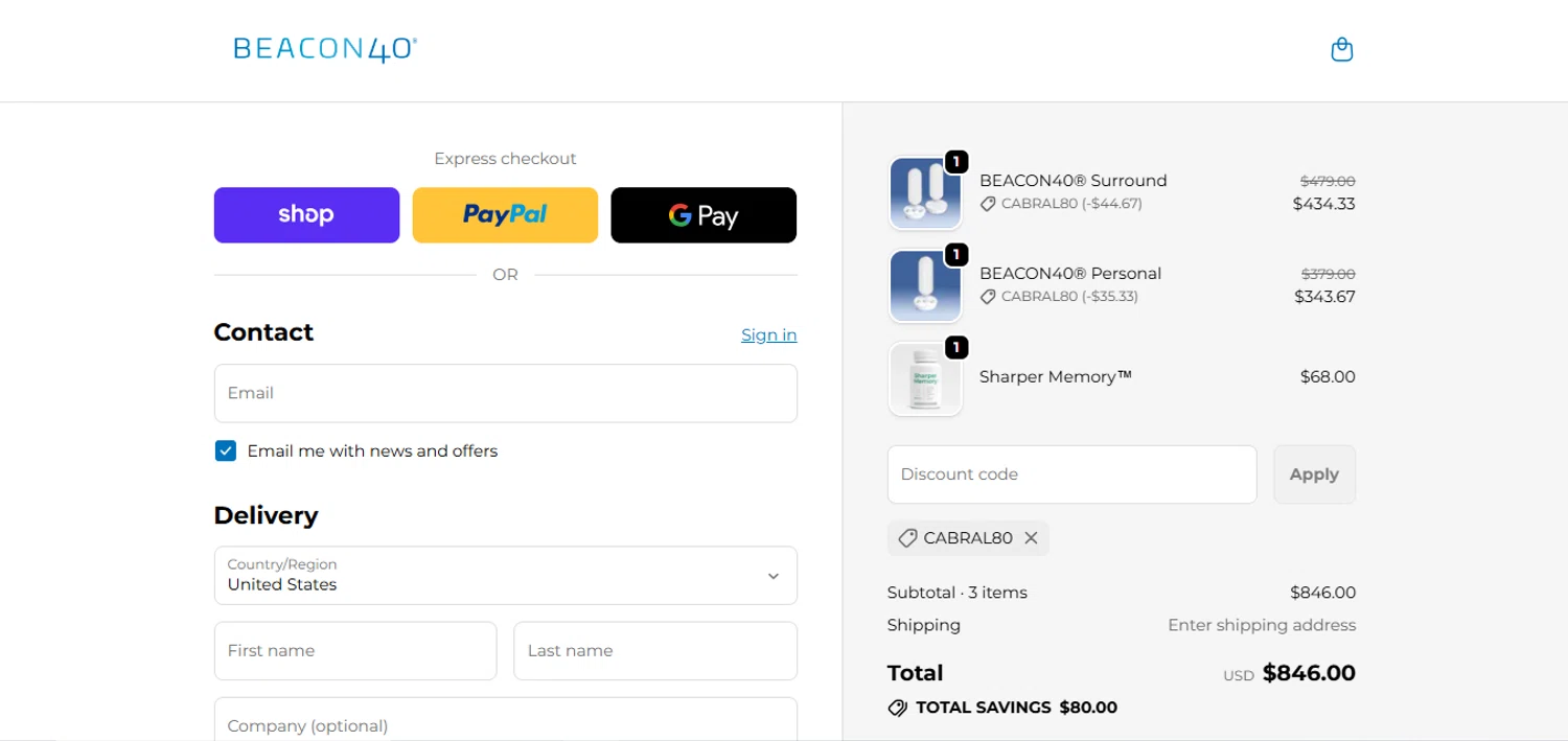 BEACON40 promo code screenshot showing code CABRAL80 applied at BEACON40 checkout page. Uploaded by SimplyCodes community member juanisaac on Feb 4, 2026