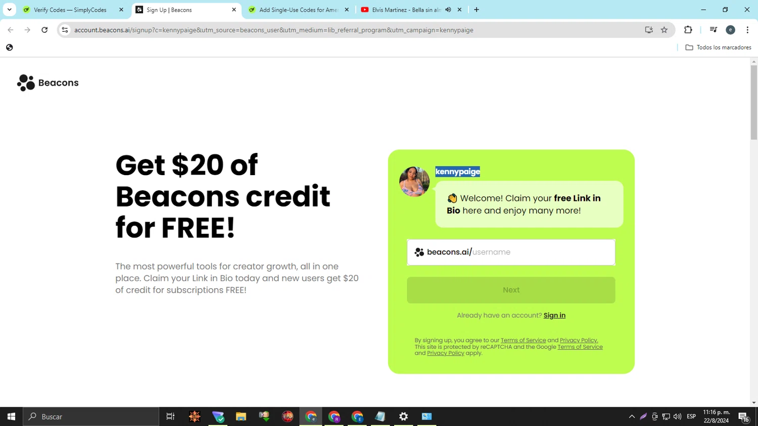 Beacons checkout page showing Beacons promo code box | Screenshot taken by SimplyCodes community member on Aug 23, 2024