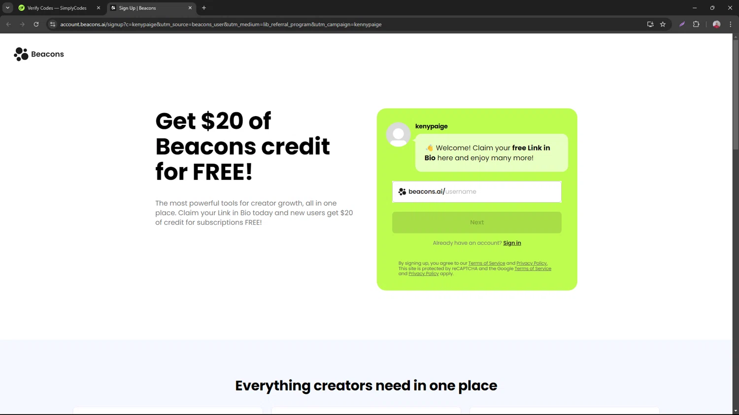 Beacons checkout page showing Beacons promo code box | Screenshot taken by SimplyCodes community member on Aug 20, 2024