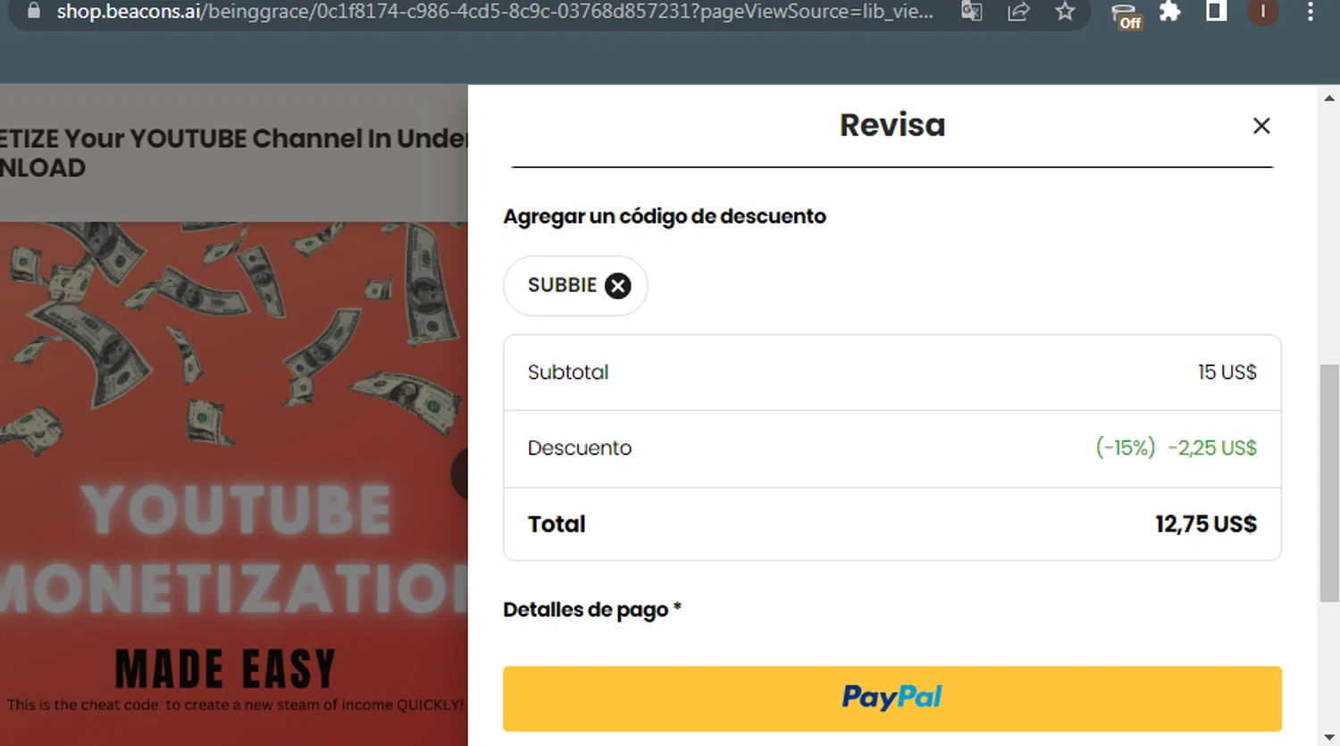 Beacons checkout page showing Beacons promo code box | Screenshot taken by SimplyCodes community member on Oct 6, 2024