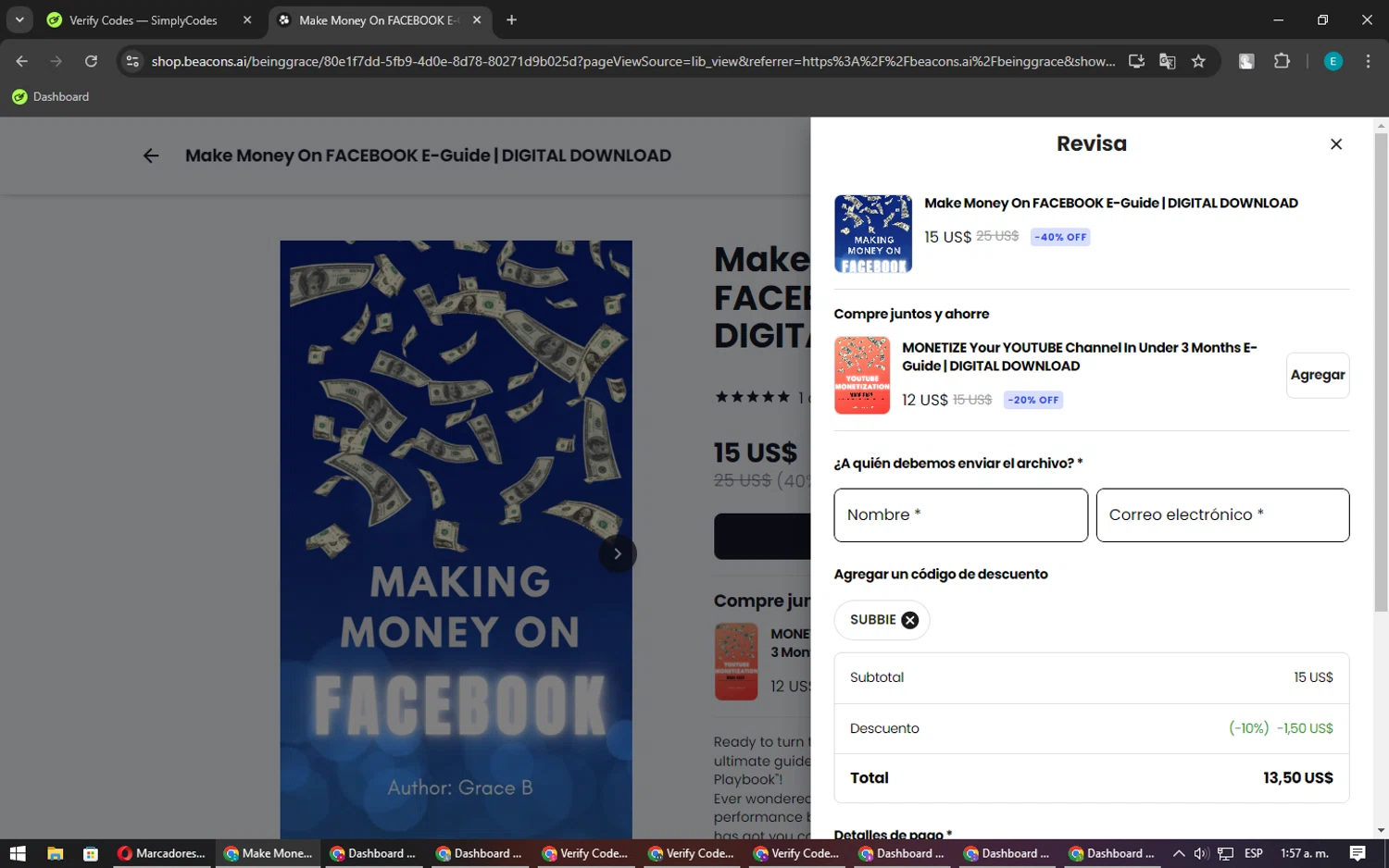 Beacons checkout page showing Beacons promo code box | Screenshot taken by SimplyCodes community member on Oct 3, 2024