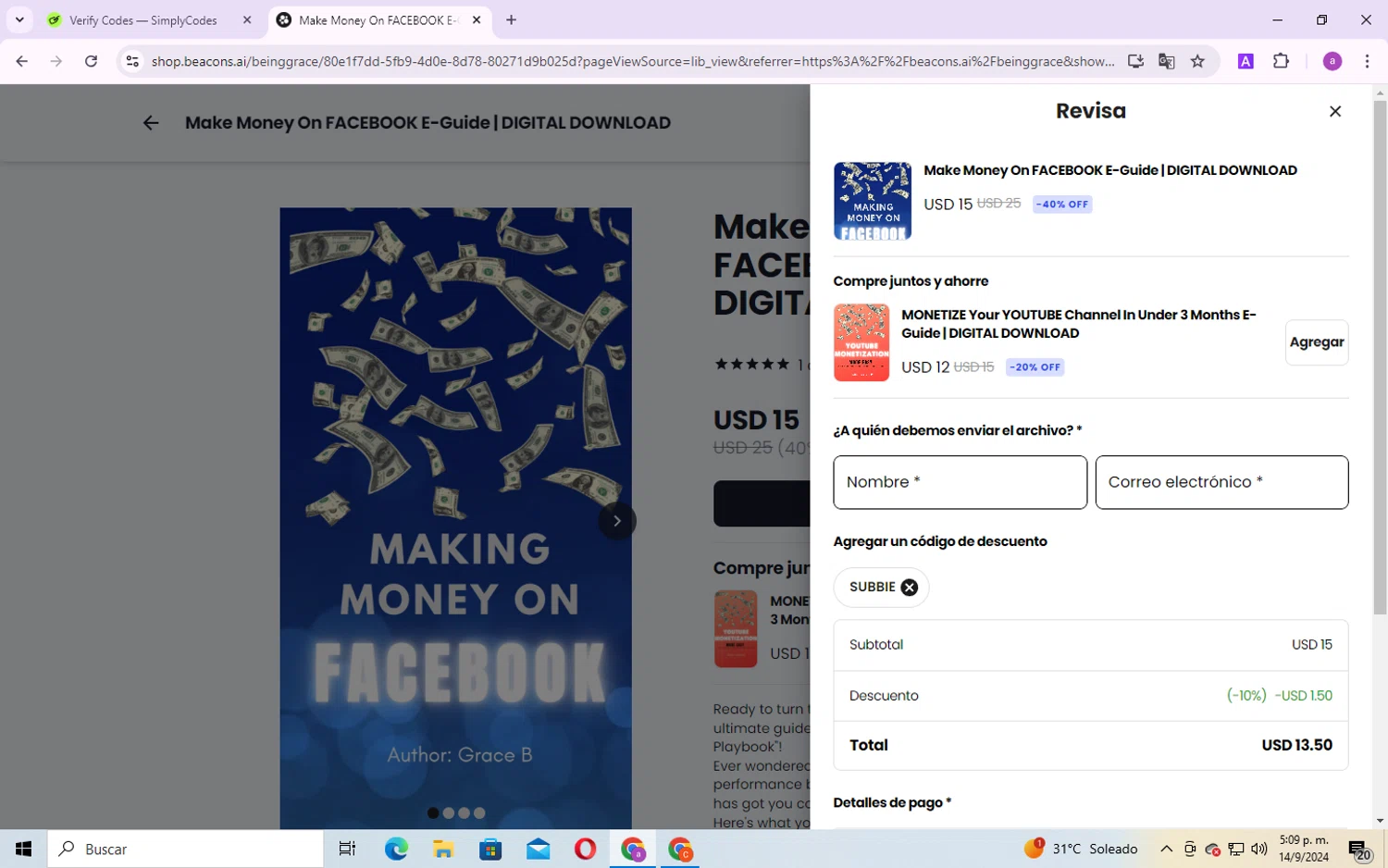 Beacons checkout page showing Beacons promo code box | Screenshot taken by SimplyCodes community member on Sep 14, 2024