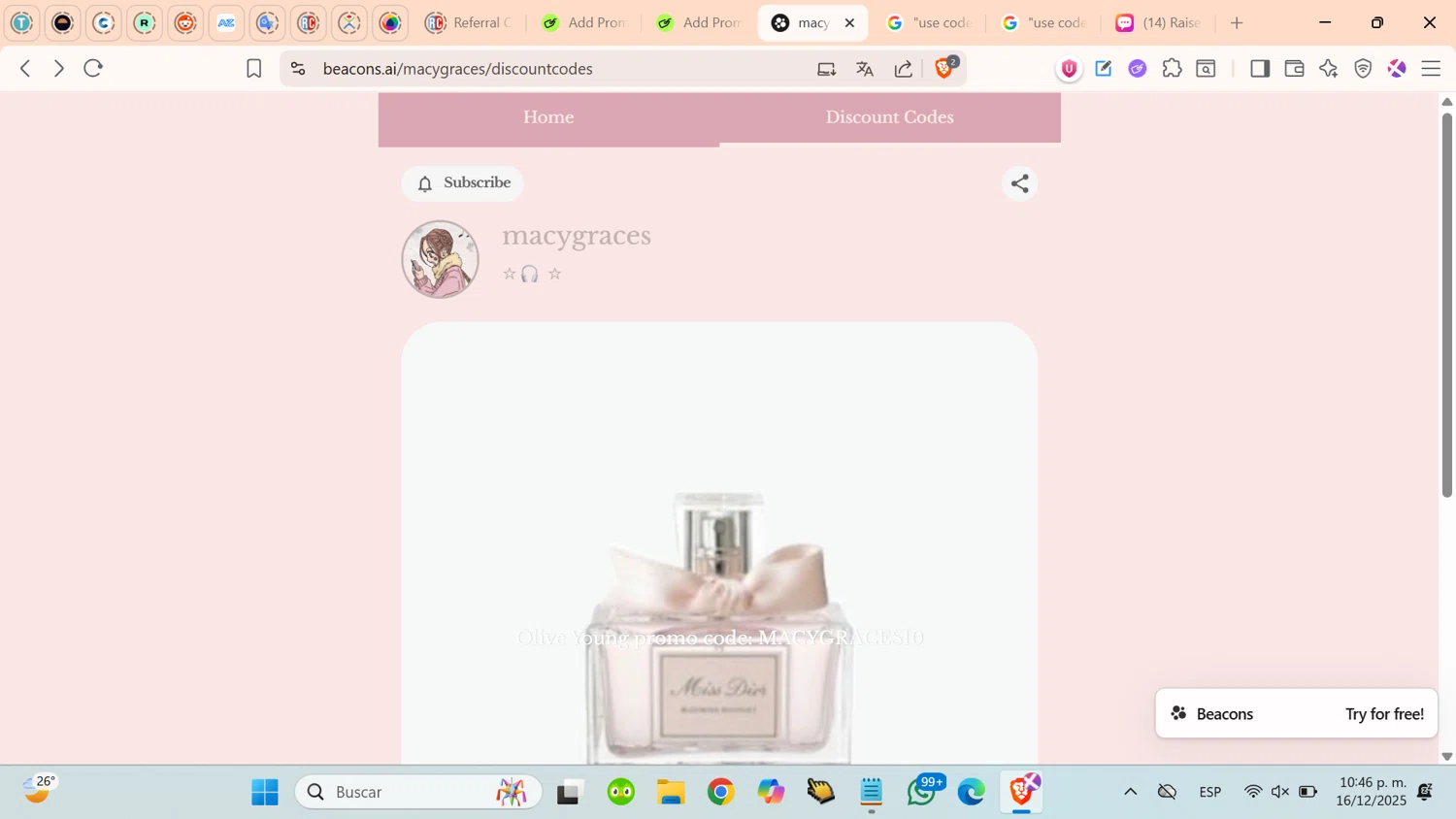 Beacons promo code screenshot showing code MACYGRACES10 applied at Beacons checkout page. Uploaded by SimplyCodes community member cosita on Dec 17, 2025