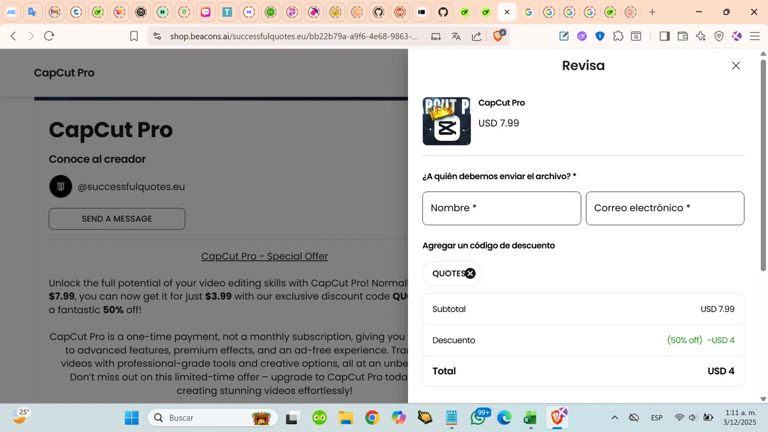 Beacons promo code screenshot showing code QUOTES50 applied at Beacons checkout page. Uploaded by SimplyCodes community member cosita on Dec 3, 2025