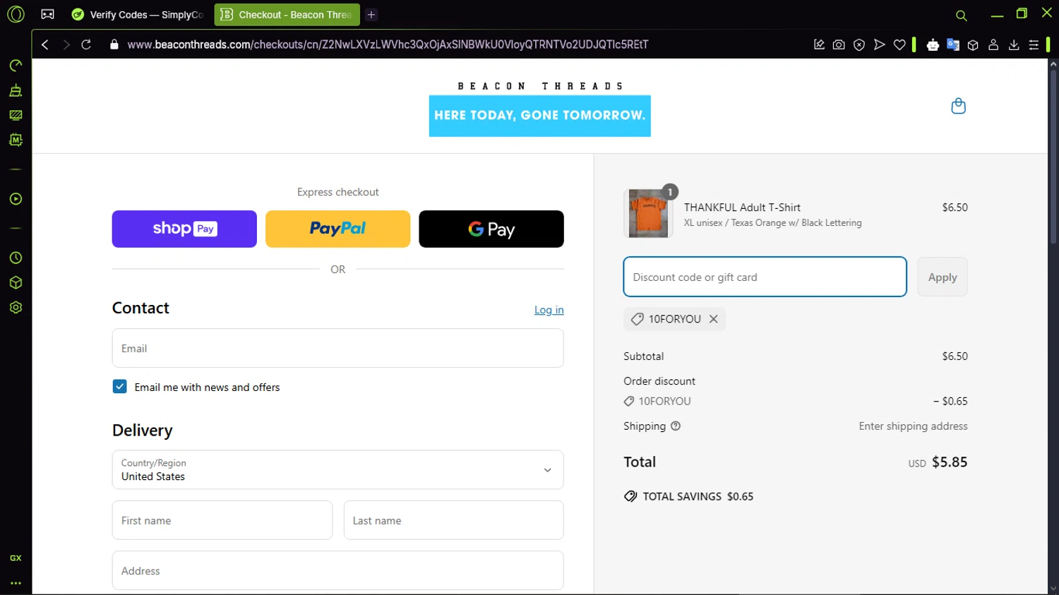 Beacon Threads discount code screenshot showing code 10FORYOU applied at Beacon Threads checkout page. Uploaded by SimplyCodes community member CleverMaven2889 on Apr 21, 2025
